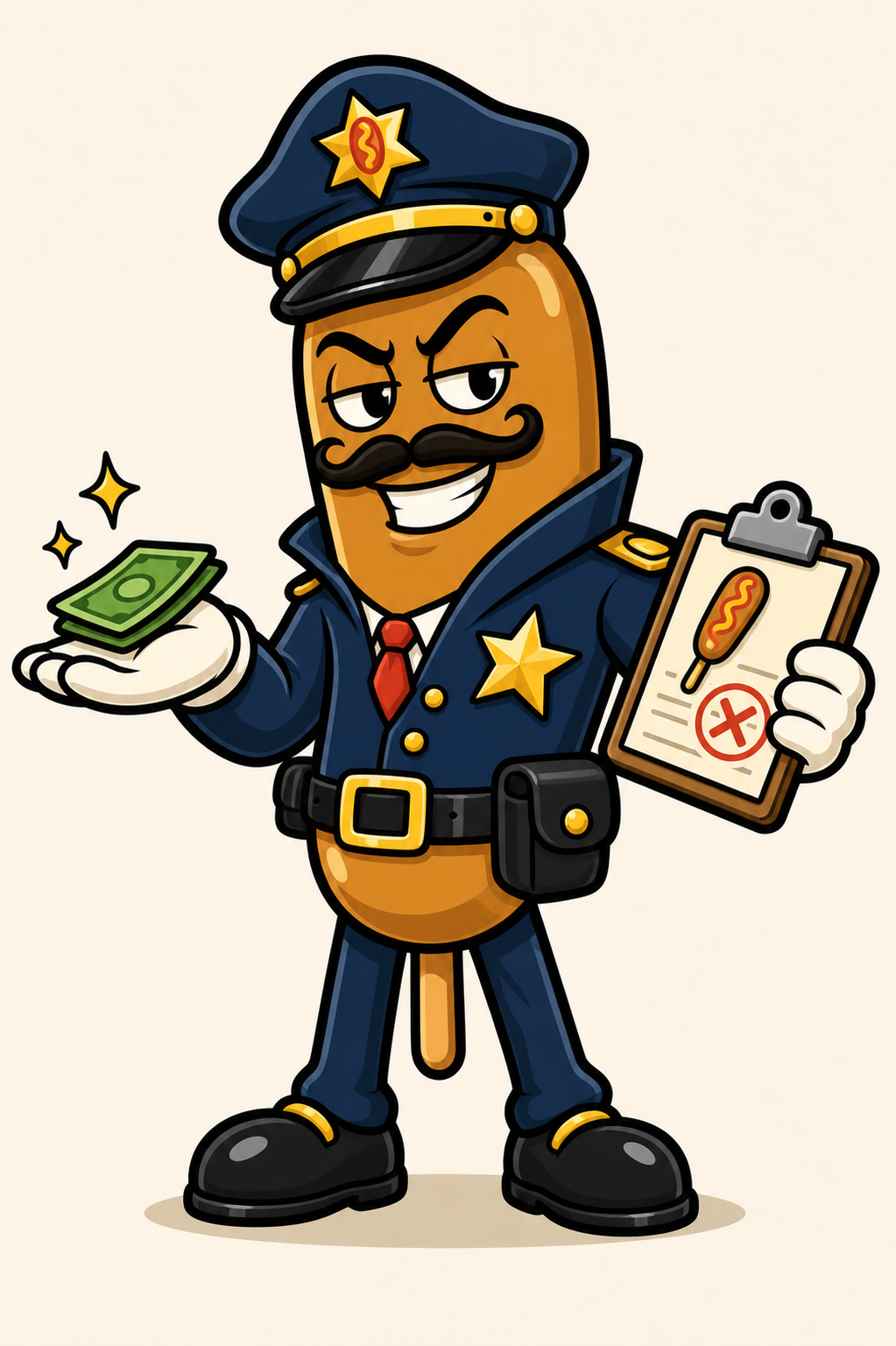 Officer Crumb, a crooked corn dog permit officer holding cash and a citation clipboard.