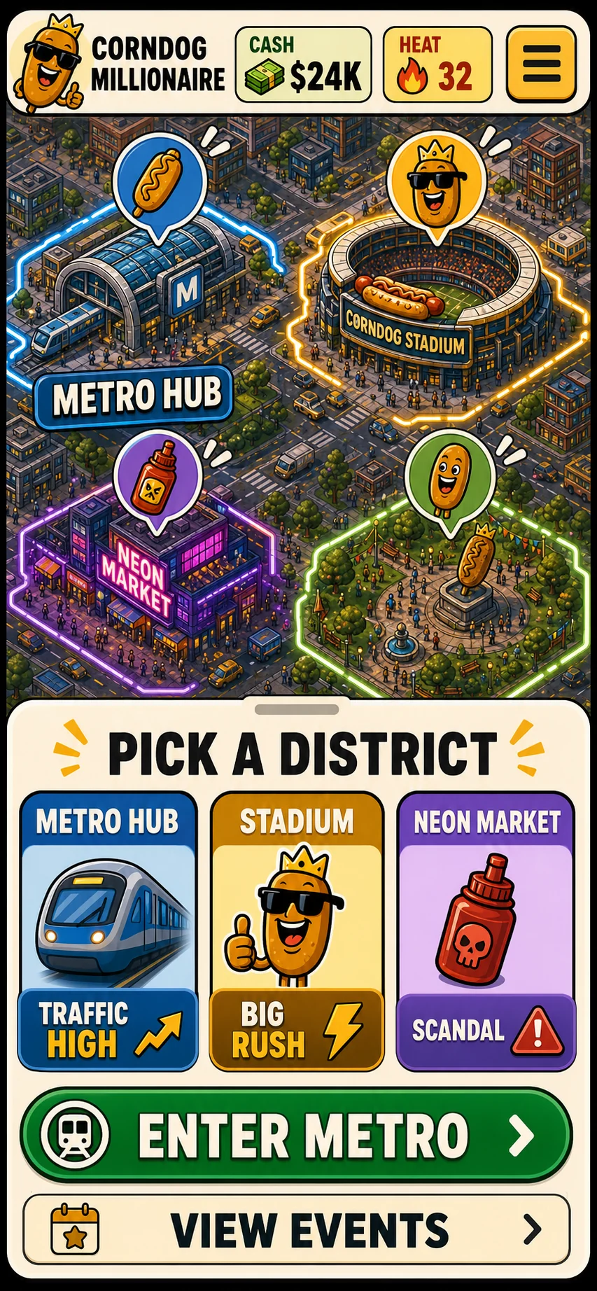 Mobile Corndog Millionaire city overview render showing district selection, cash, heat, and enter metro controls.